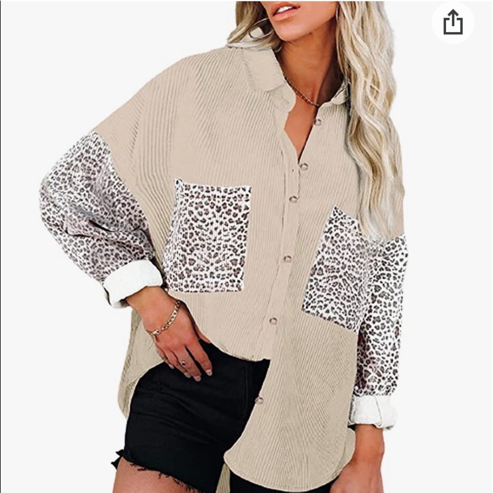 Leopard Pocket Button-Front Long Sleeve Top - Beige